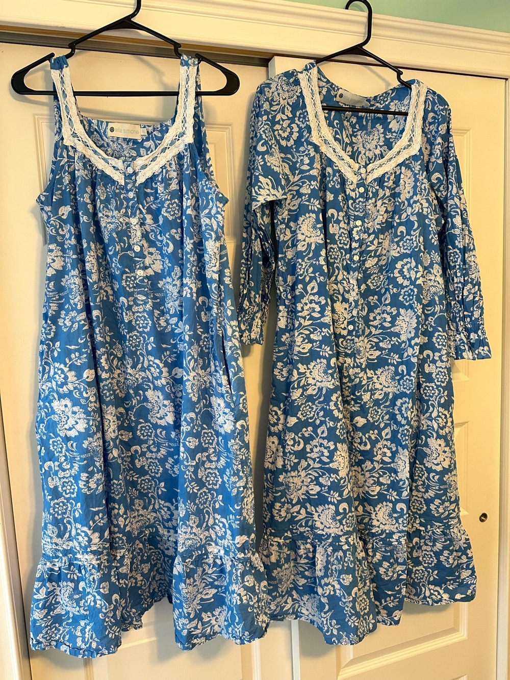 Ella Simone Nightgown Set Blue & White Floral Cotton Maxi Gown Ruffle Pocket XL